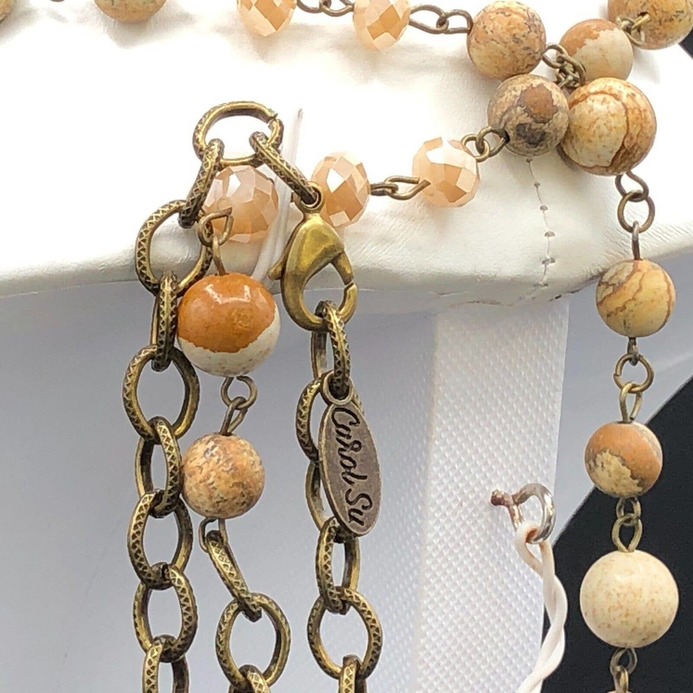Carol Su 32" Lariat Necklace Jasper Stone Beads Earth Tone Faux Suede 7" Tassel - Picture 9 of 15
